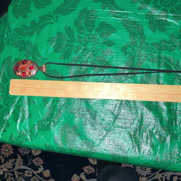 Necklace, copper base with 4 red glass stones, and 5 orange cat eyes $29 - Picture 9 of 13
